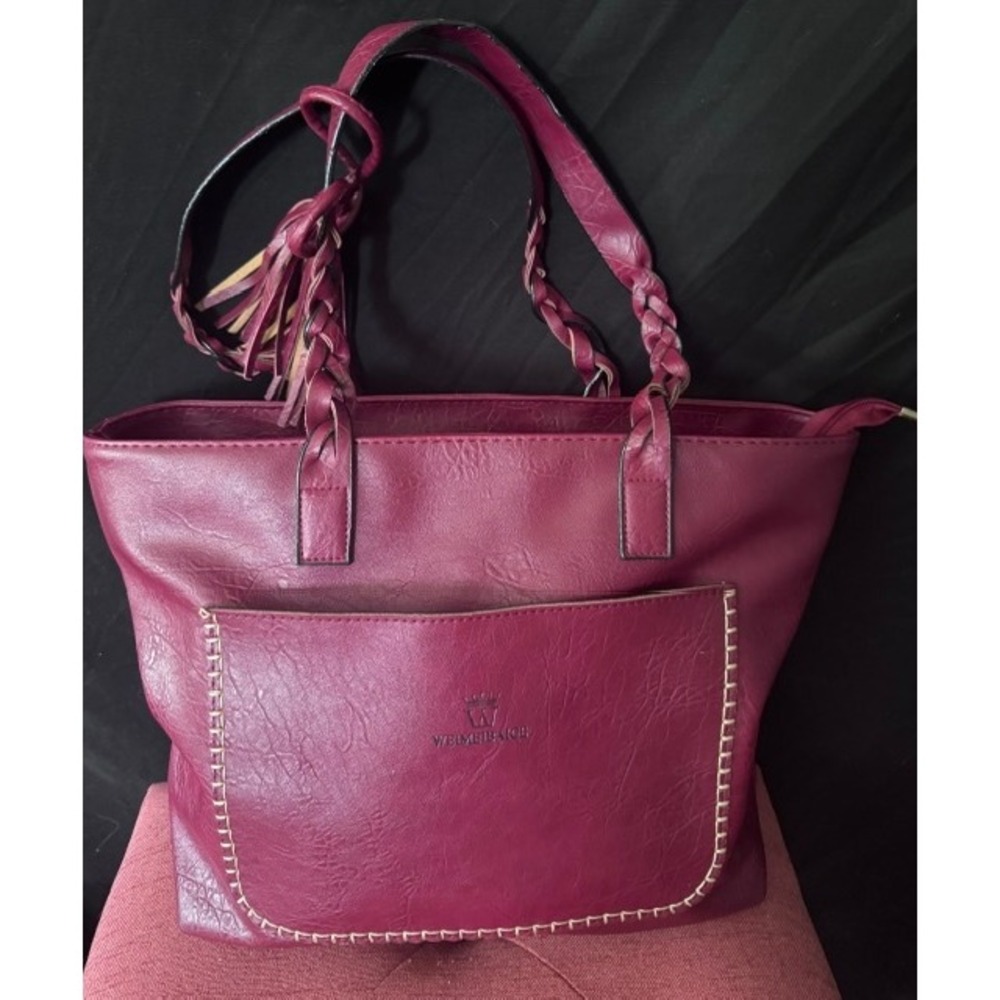 WEIMEIBAIGE Red Vegan Leather Tote Bag Braided Straps Whipstitch Detail